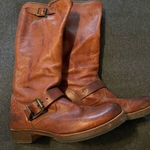Frye Chestnut Leather Buckle Boots